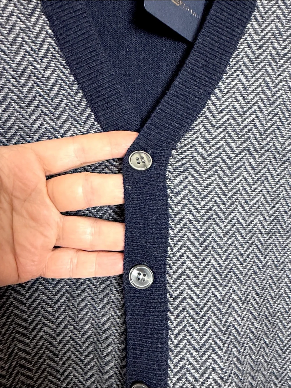 Eredi Pisano Wool Cashmere Grandpa Cardigan Herringbone Navy Gray sz L Slim NWT